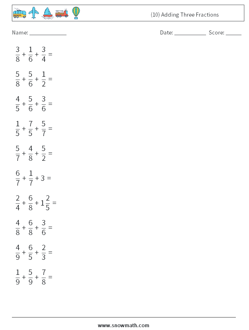 (10) Adding Three Fractions Maths Worksheets 9