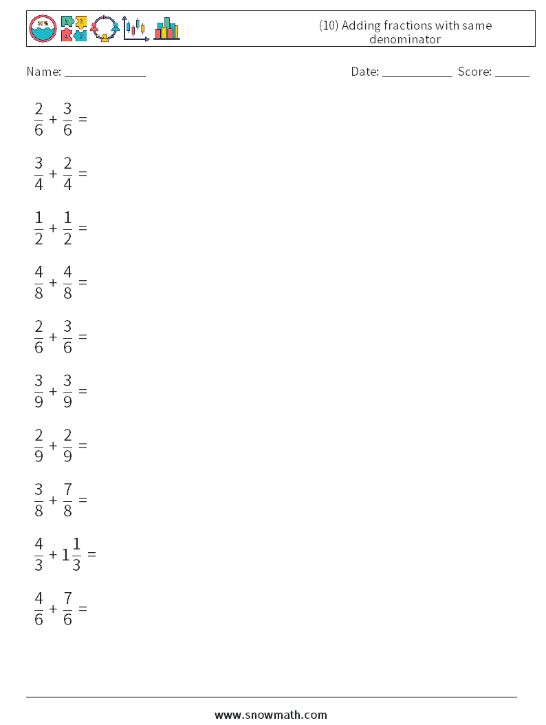 (10) Adding fractions with same denominator Maths Worksheets 4