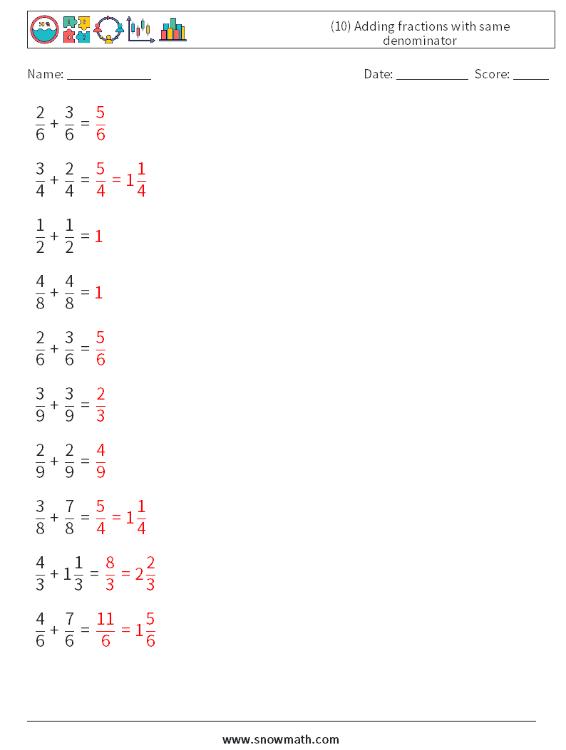 (10) Adding fractions with same denominator Maths Worksheets 4 Question, Answer