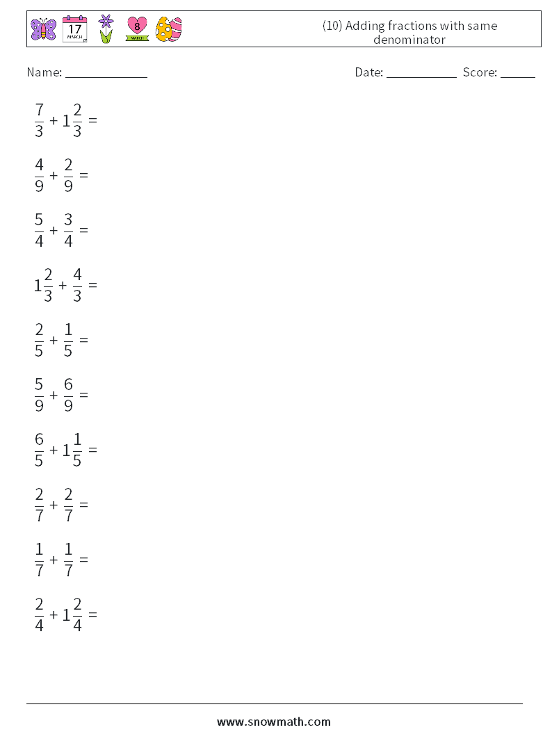 (10) Adding fractions with same denominator Maths Worksheets 6