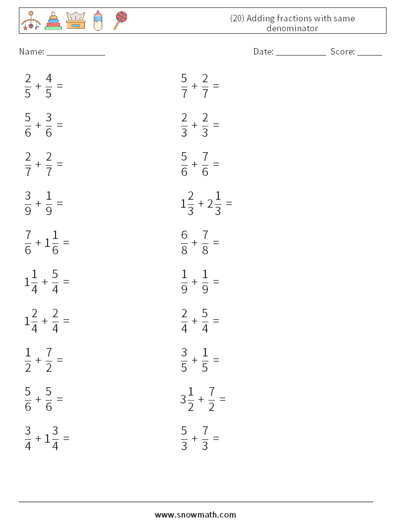 (20) Adding fractions with same denominator Maths Worksheets 1