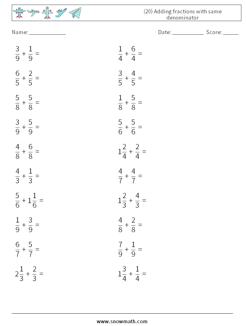 (20) Adding fractions with same denominator Maths Worksheets 10