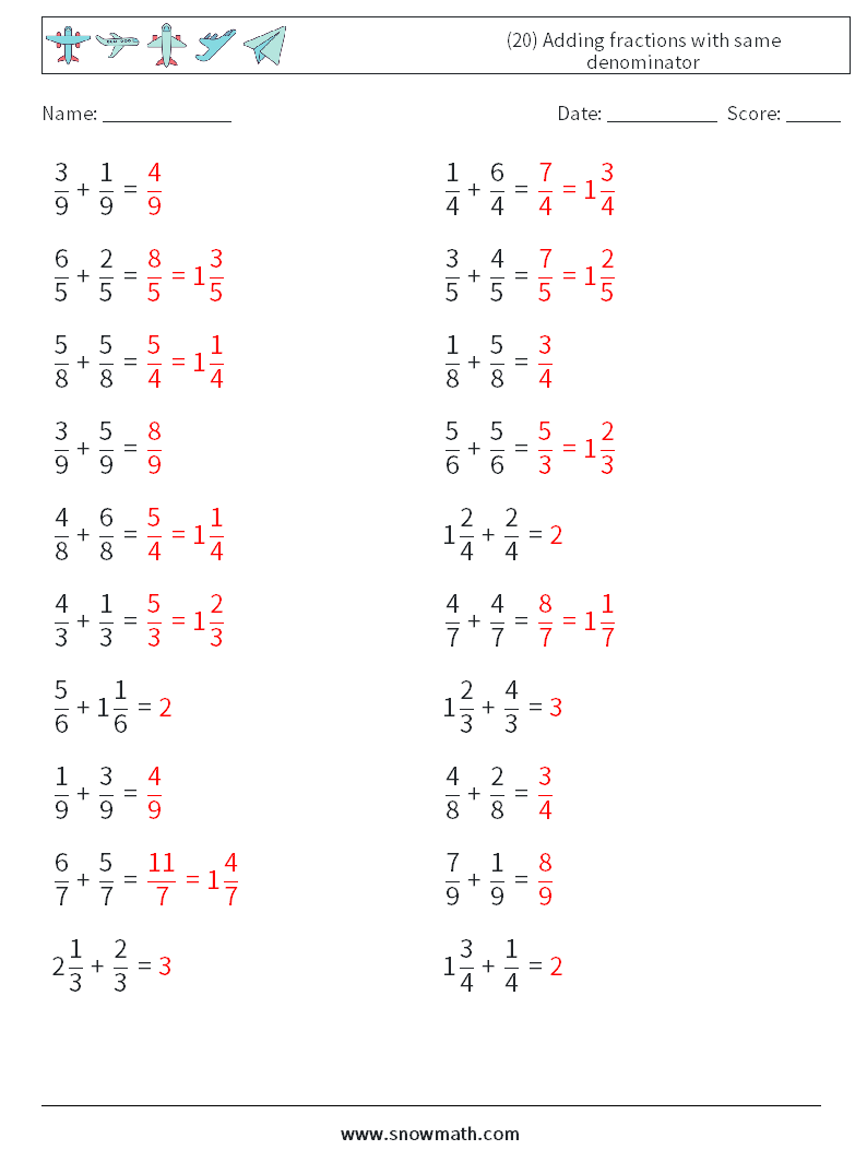 (20) Adding fractions with same denominator Maths Worksheets 10 Question, Answer