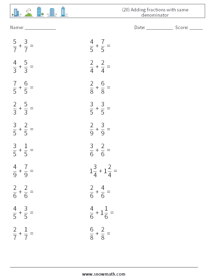 (20) Adding fractions with same denominator Maths Worksheets 11