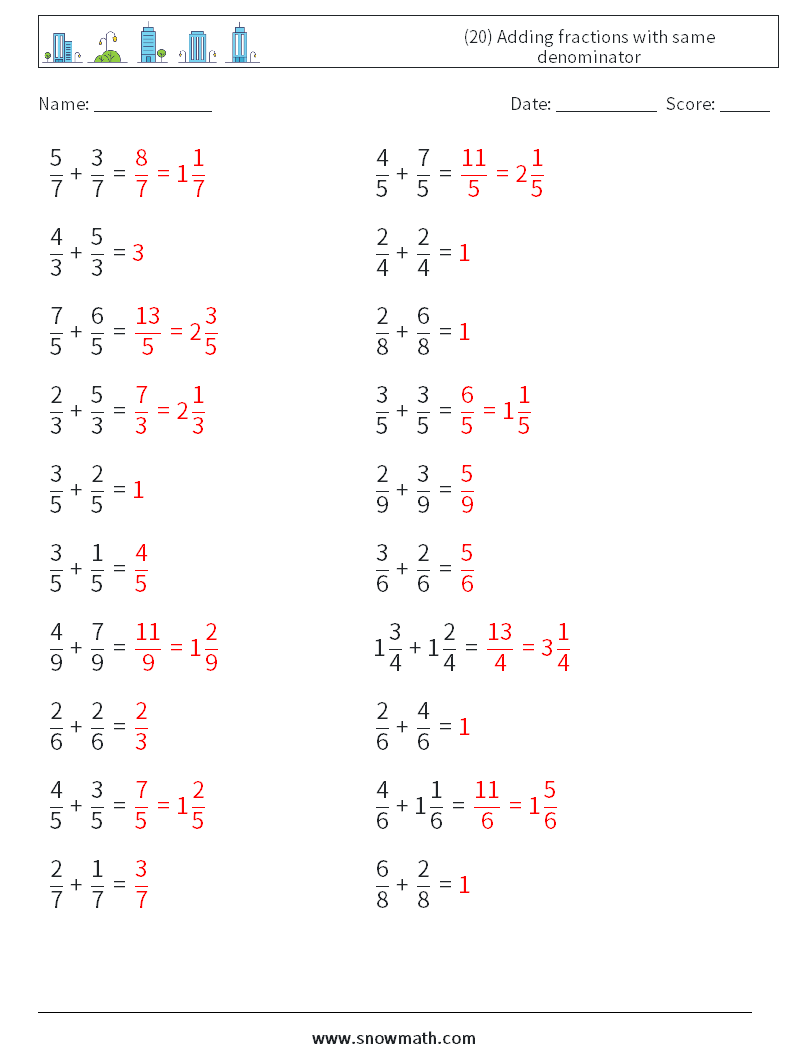 (20) Adding fractions with same denominator Maths Worksheets 11 Question, Answer