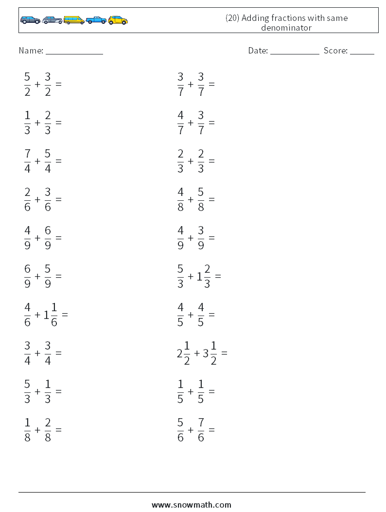 (20) Adding fractions with same denominator Maths Worksheets 12