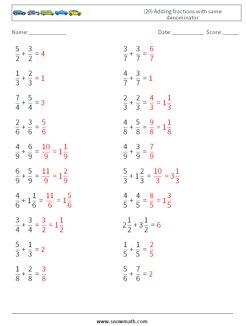 (20) Adding fractions with same denominator Maths Worksheets 12 Question, Answer