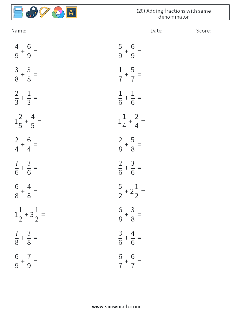 (20) Adding fractions with same denominator Maths Worksheets 13