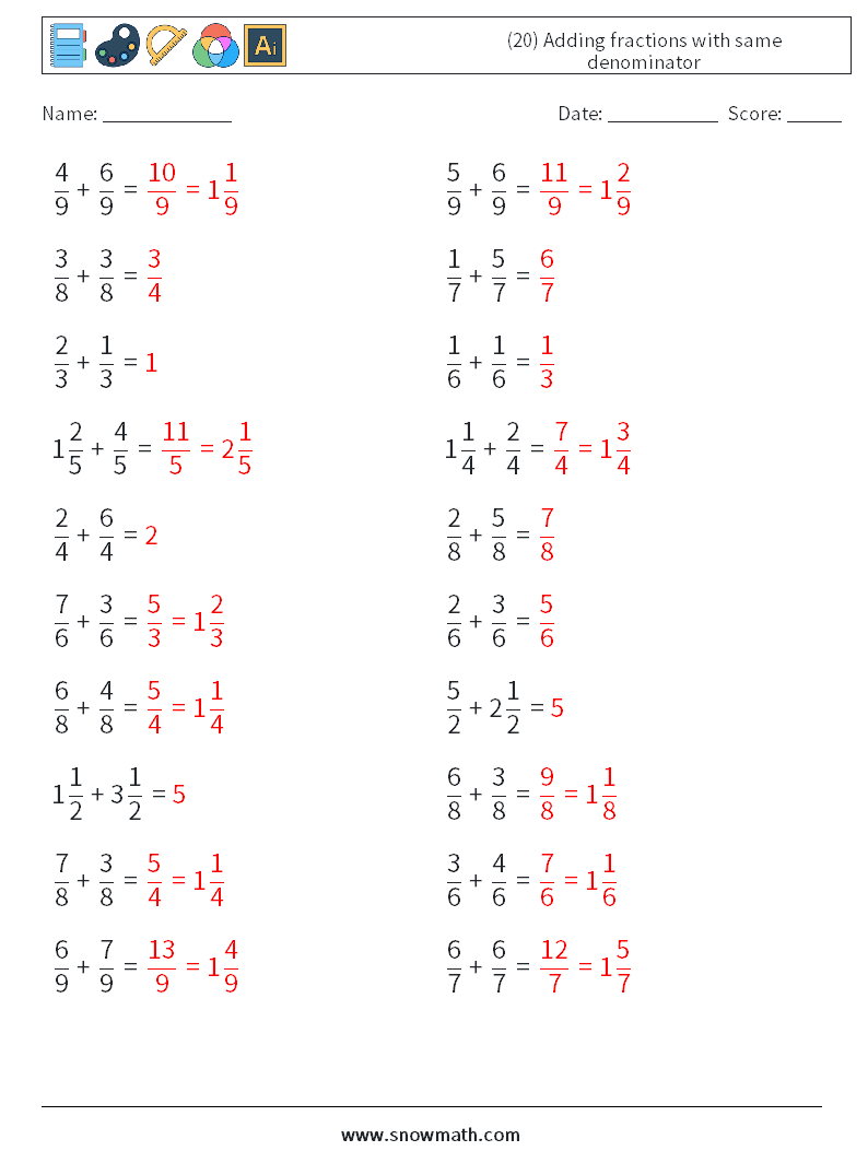 (20) Adding fractions with same denominator Maths Worksheets 13 Question, Answer