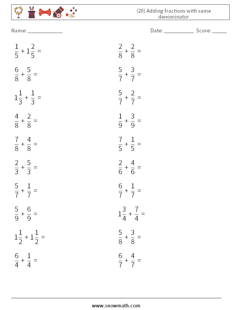 (20) Adding fractions with same denominator Maths Worksheets 14