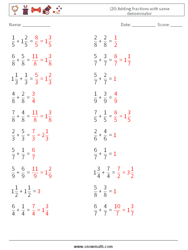 (20) Adding fractions with same denominator Maths Worksheets 14 Question, Answer