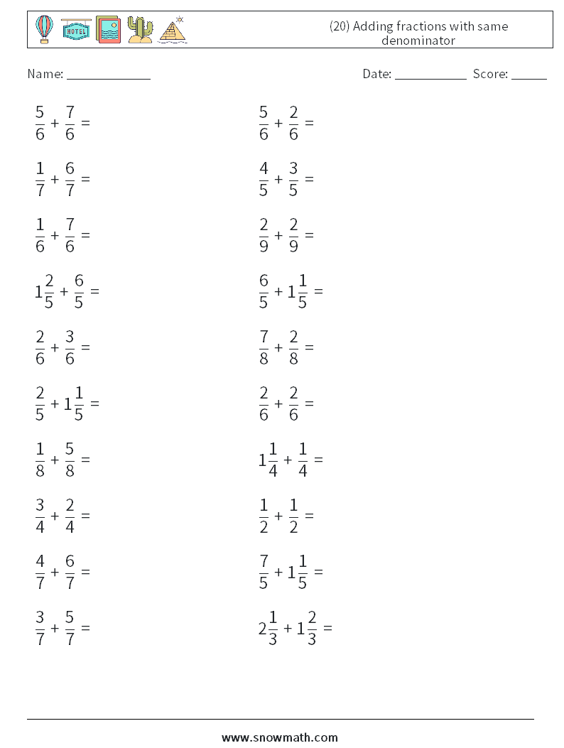 (20) Adding fractions with same denominator Maths Worksheets 15