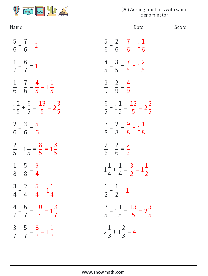 (20) Adding fractions with same denominator Maths Worksheets 15 Question, Answer