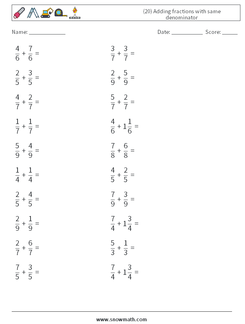 (20) Adding fractions with same denominator Maths Worksheets 16