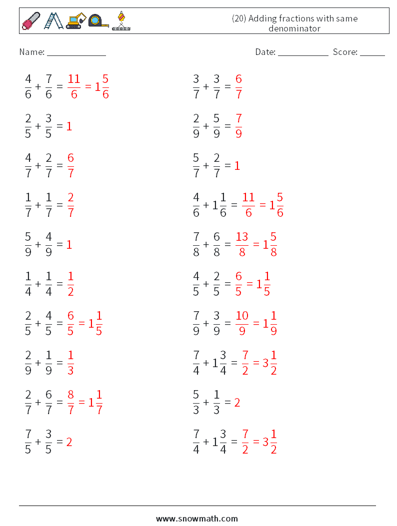 (20) Adding fractions with same denominator Maths Worksheets 16 Question, Answer