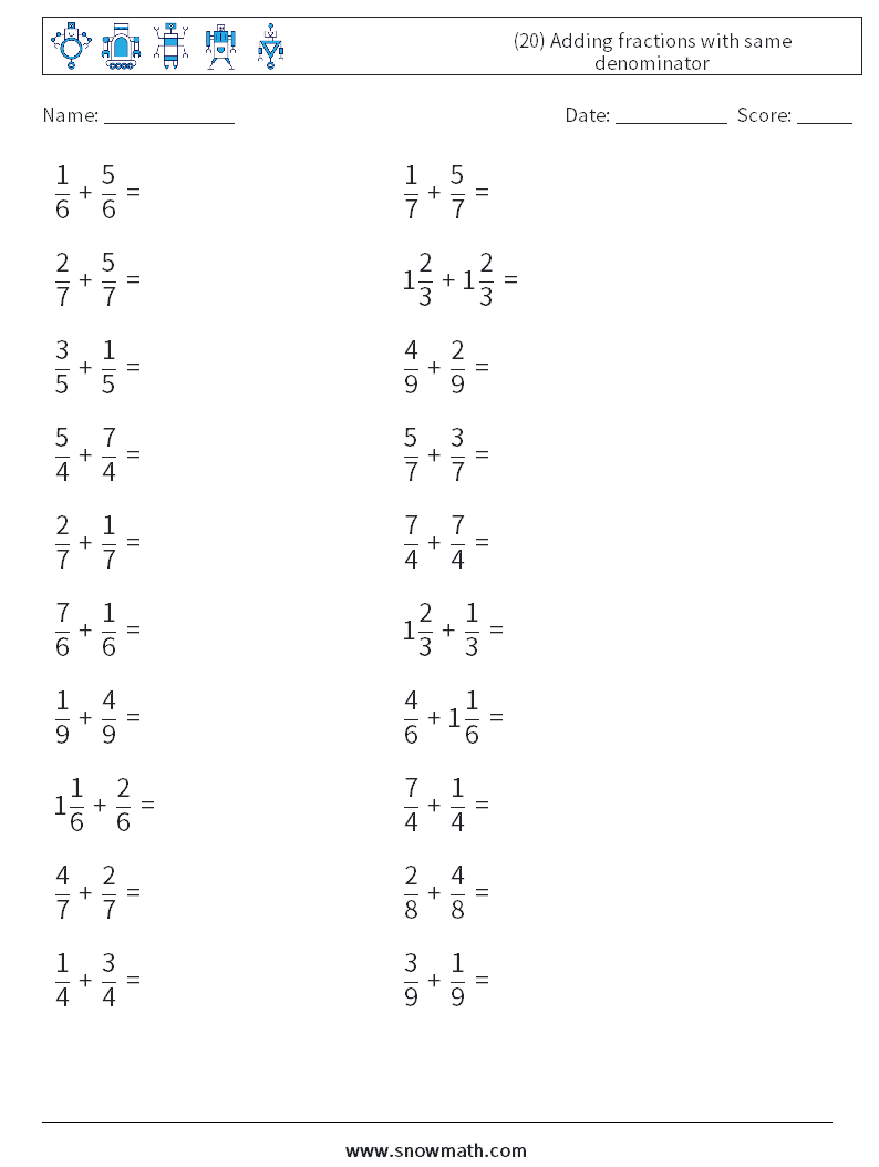 (20) Adding fractions with same denominator Maths Worksheets 17
