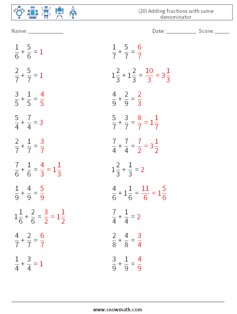(20) Adding fractions with same denominator Maths Worksheets 17 Question, Answer