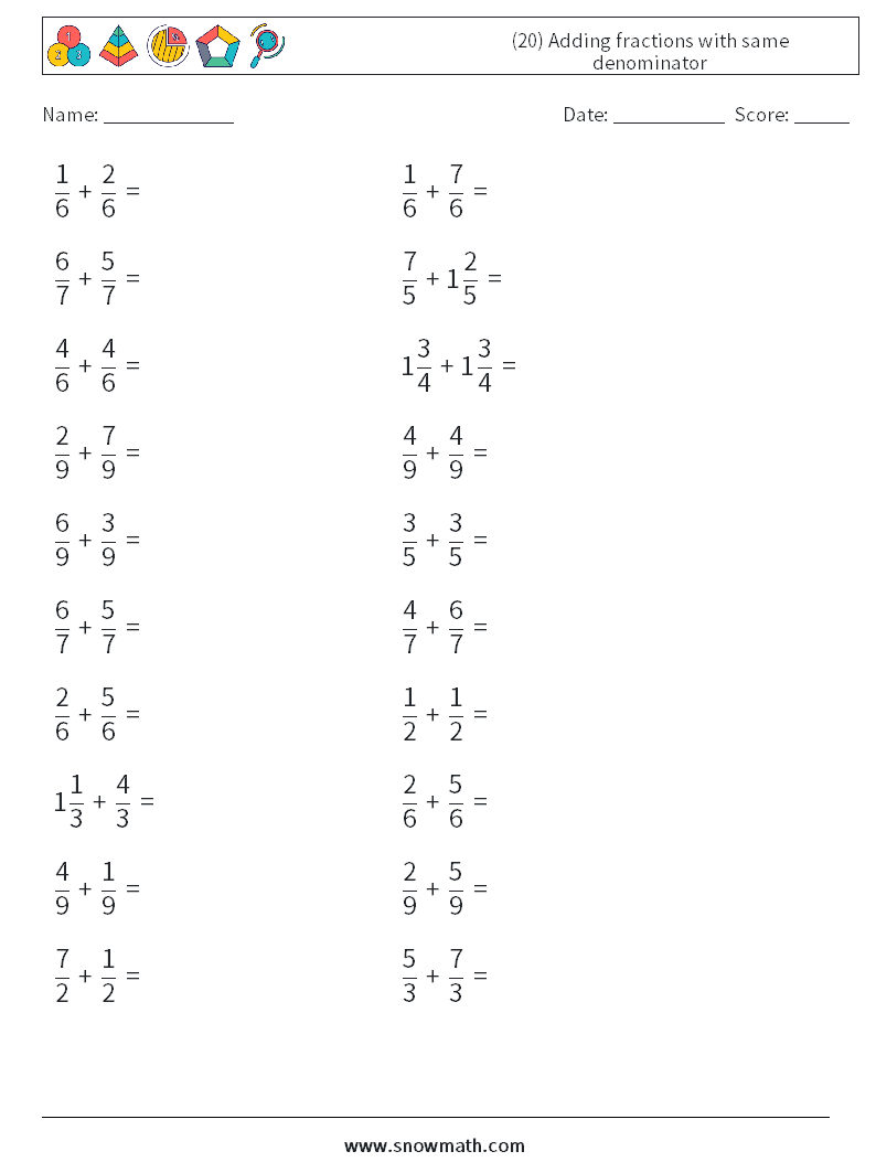(20) Adding fractions with same denominator Maths Worksheets 18