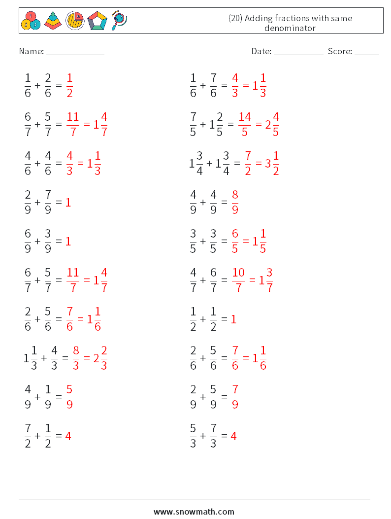 (20) Adding fractions with same denominator Maths Worksheets 18 Question, Answer