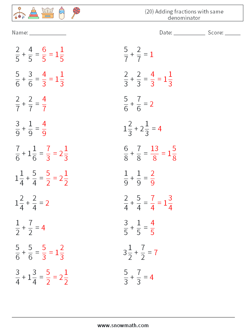 (20) Adding fractions with same denominator Maths Worksheets 1 Question, Answer