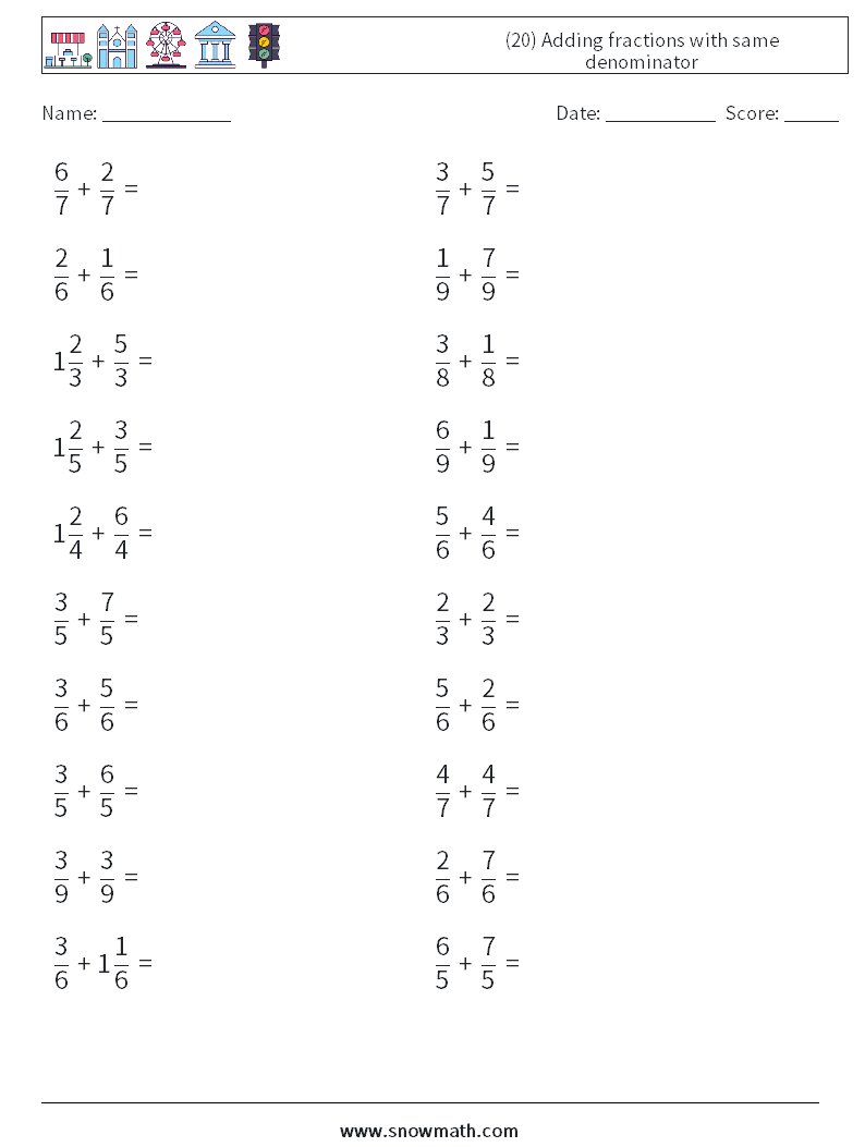 (20) Adding fractions with same denominator Maths Worksheets 2