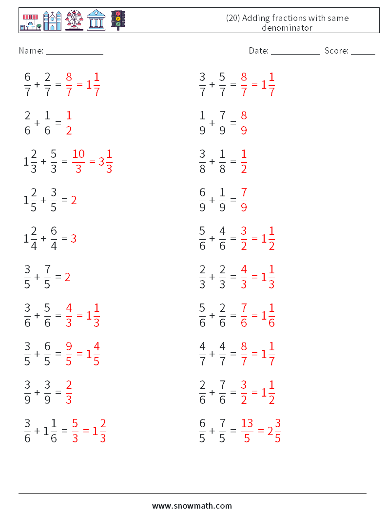 (20) Adding fractions with same denominator Maths Worksheets 2 Question, Answer