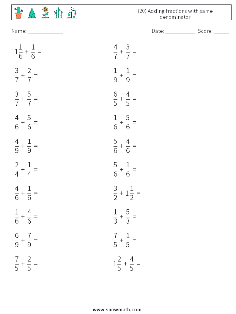 (20) Adding fractions with same denominator Maths Worksheets 3