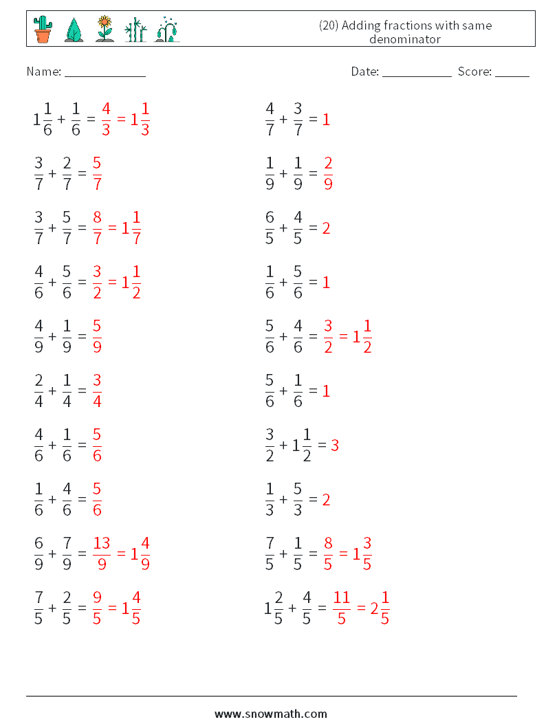 (20) Adding fractions with same denominator Maths Worksheets 3 Question, Answer