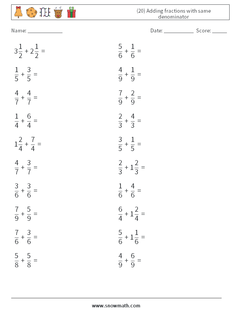 (20) Adding fractions with same denominator Maths Worksheets 4