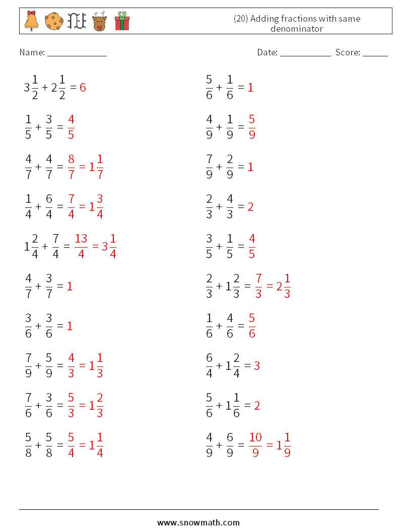 (20) Adding fractions with same denominator Maths Worksheets 4 Question, Answer
