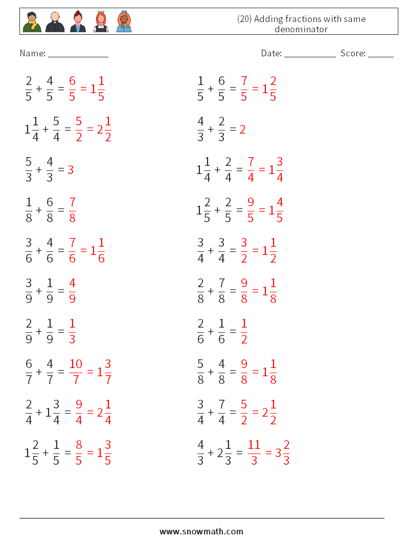 (20) Adding fractions with same denominator Maths Worksheets 5 Question, Answer