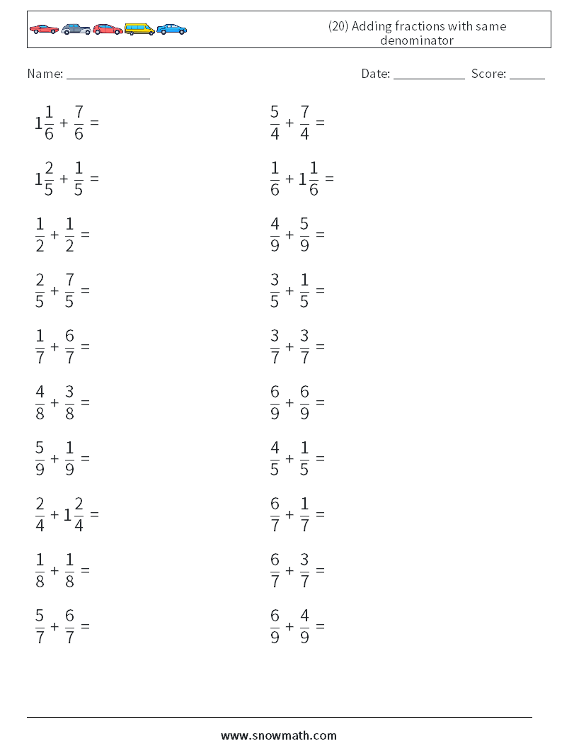 (20) Adding fractions with same denominator Maths Worksheets 6