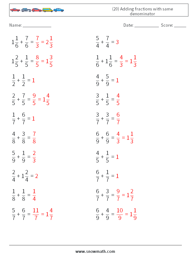 (20) Adding fractions with same denominator Maths Worksheets 6 Question, Answer