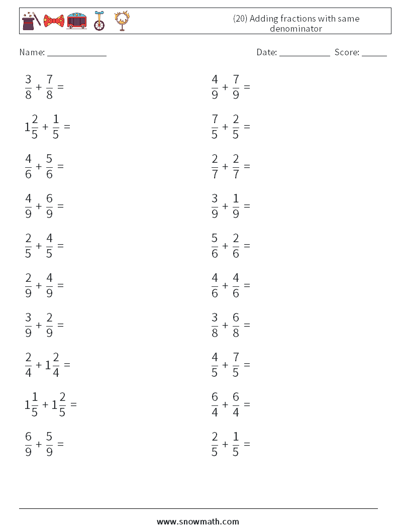 (20) Adding fractions with same denominator Maths Worksheets 7
