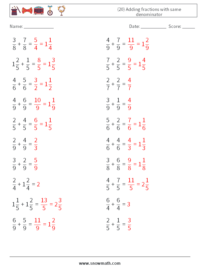(20) Adding fractions with same denominator Maths Worksheets 7 Question, Answer