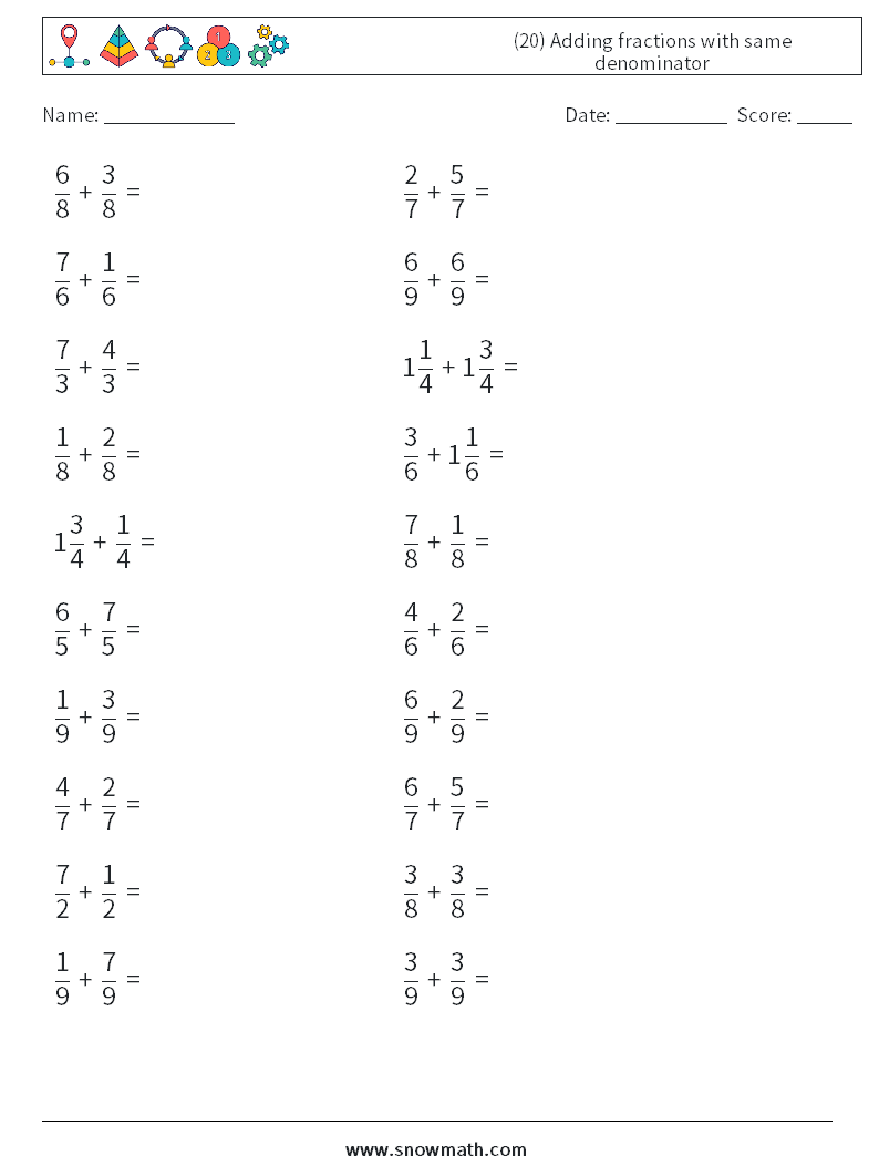 (20) Adding fractions with same denominator Maths Worksheets 8
