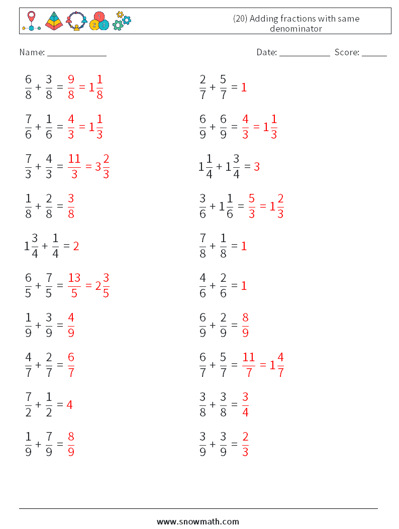 (20) Adding fractions with same denominator Maths Worksheets 8 Question, Answer