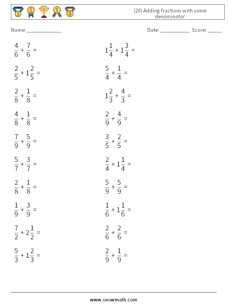 (20) Adding fractions with same denominator Maths Worksheets 9