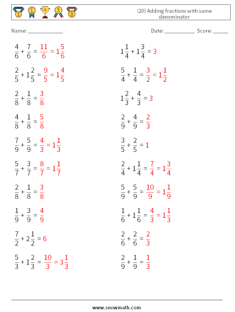 (20) Adding fractions with same denominator Maths Worksheets 9 Question, Answer