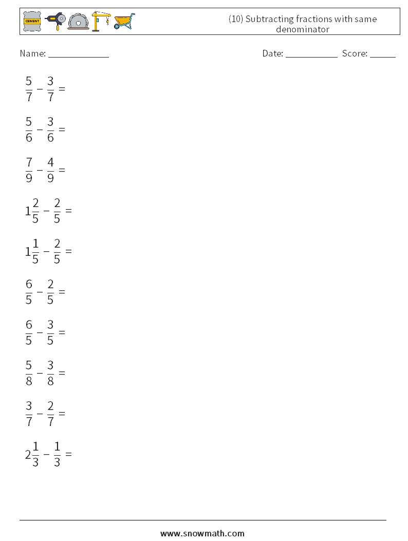 (10) Subtracting fractions with same denominator Maths Worksheets 12
