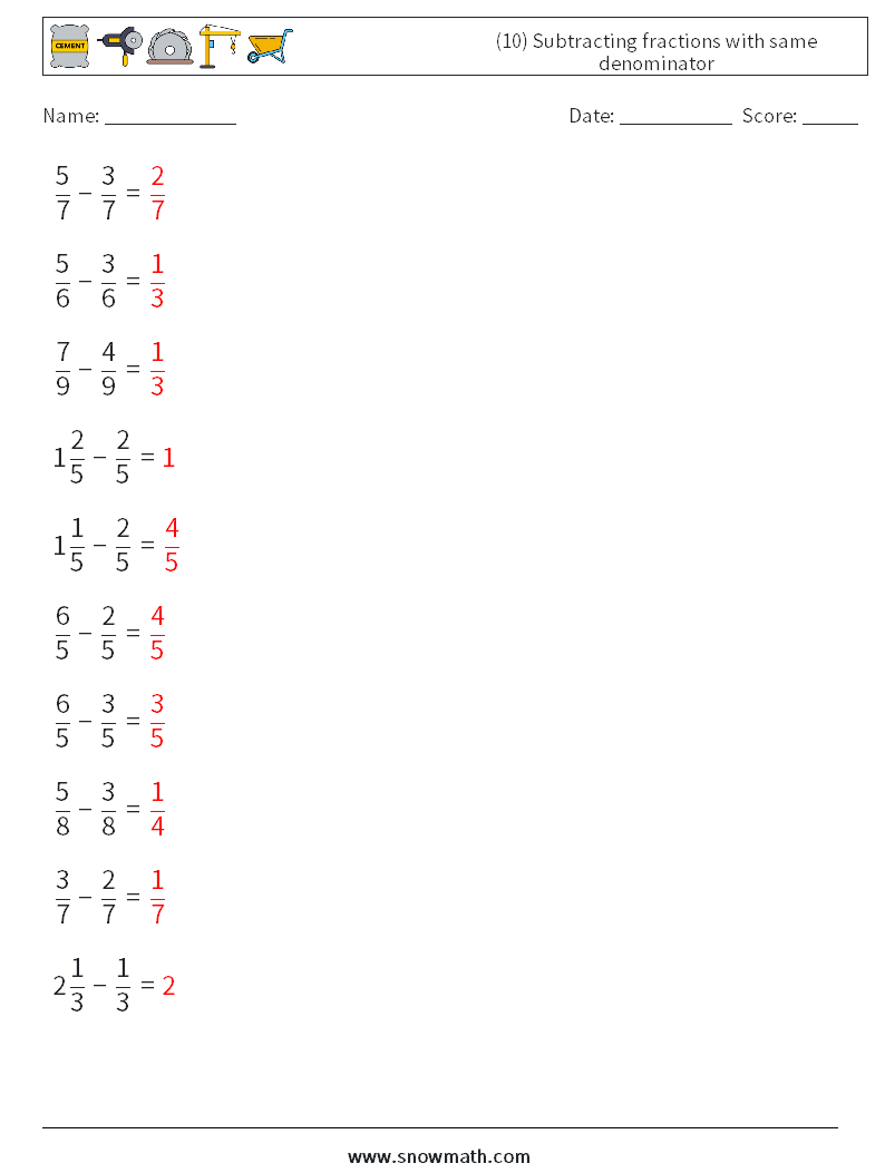 (10) Subtracting fractions with same denominator Maths Worksheets 12 Question, Answer