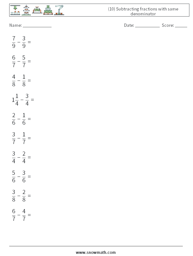 (10) Subtracting fractions with same denominator Maths Worksheets 13