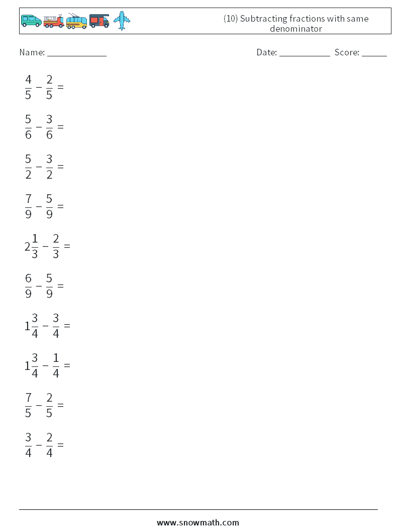 (10) Subtracting fractions with same denominator Maths Worksheets 14