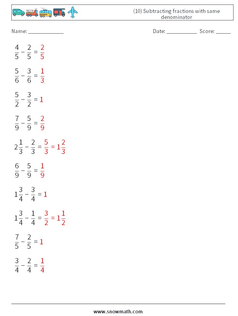 (10) Subtracting fractions with same denominator Maths Worksheets 14 Question, Answer