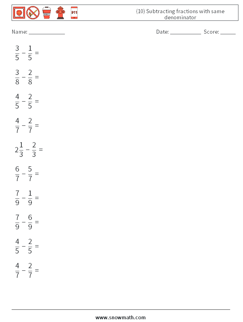 (10) Subtracting fractions with same denominator Maths Worksheets 16