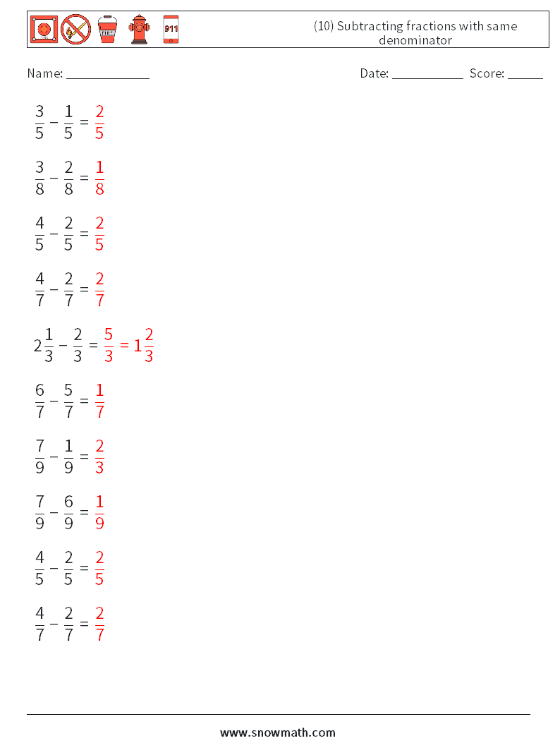 (10) Subtracting fractions with same denominator Maths Worksheets 16 Question, Answer