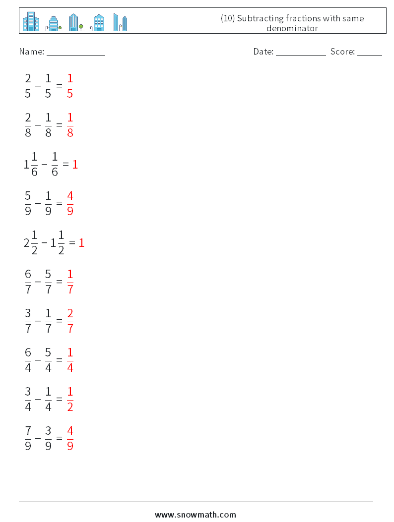 (10) Subtracting fractions with same denominator Maths Worksheets 18 Question, Answer