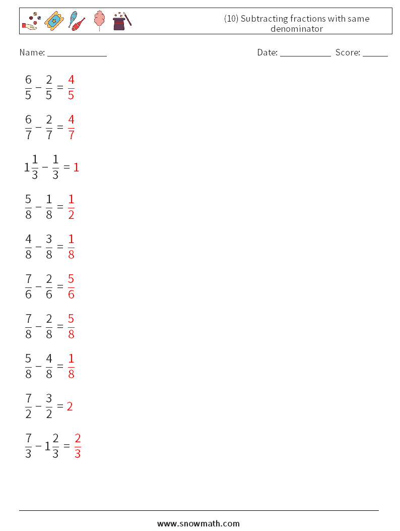 (10) Subtracting fractions with same denominator Maths Worksheets 1 Question, Answer