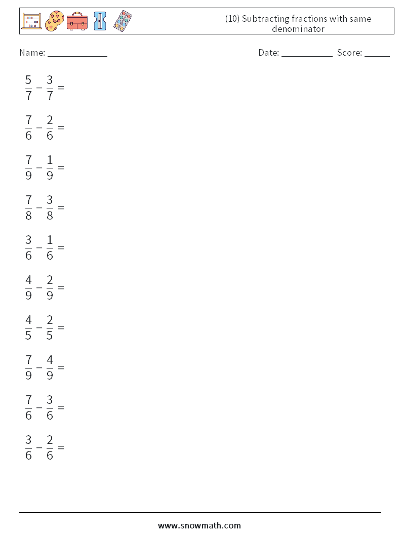 (10) Subtracting fractions with same denominator Maths Worksheets 2