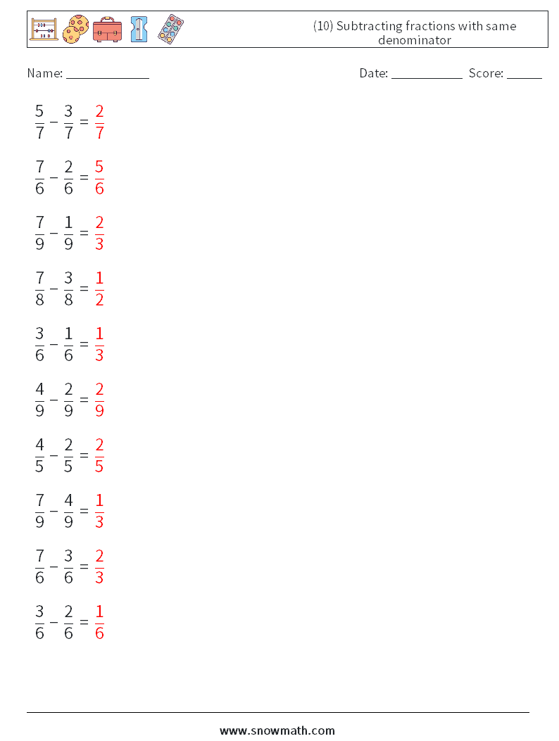 (10) Subtracting fractions with same denominator Maths Worksheets 2 Question, Answer